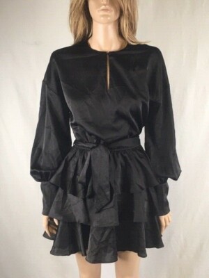 Women's NWT Aqua Black Satin Tiered 