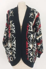 VTG Western Connection Women's Black Red Sweater SZ S Boho Tribal Cardigan Fuzzy