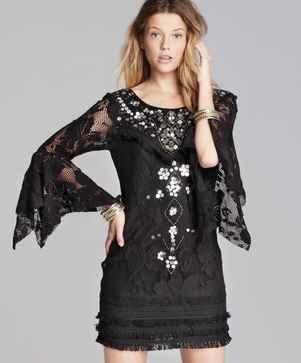 $250 NWT Free People Black DRESS Sz 8 Shell Game Beaded Cotton Shift Bell  sleeve | eBay