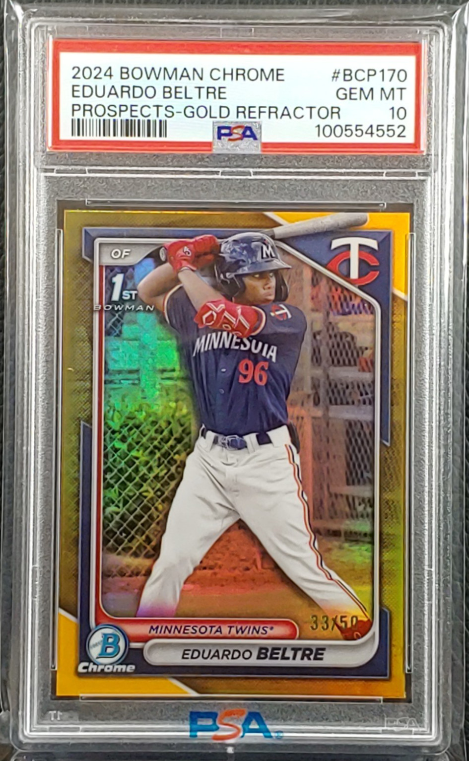 Eduardo Beltre 2024 Bowman Chrome Prospects Gold Refractor 1st /50 PSA 10 Twins