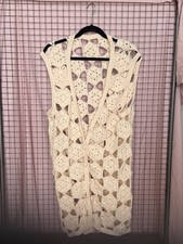 Vintage Woman's Hand-Crocheted Vest - Cream - Size OS- Long Open Front