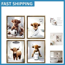 Humorous Highland Cow Bathroom Wall Art - 4 Unframed 8x10 Gold Standards