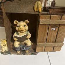 Retro pig on Dunny toilet,wooden stall , ceramic? decor -reading hog pig rustic 