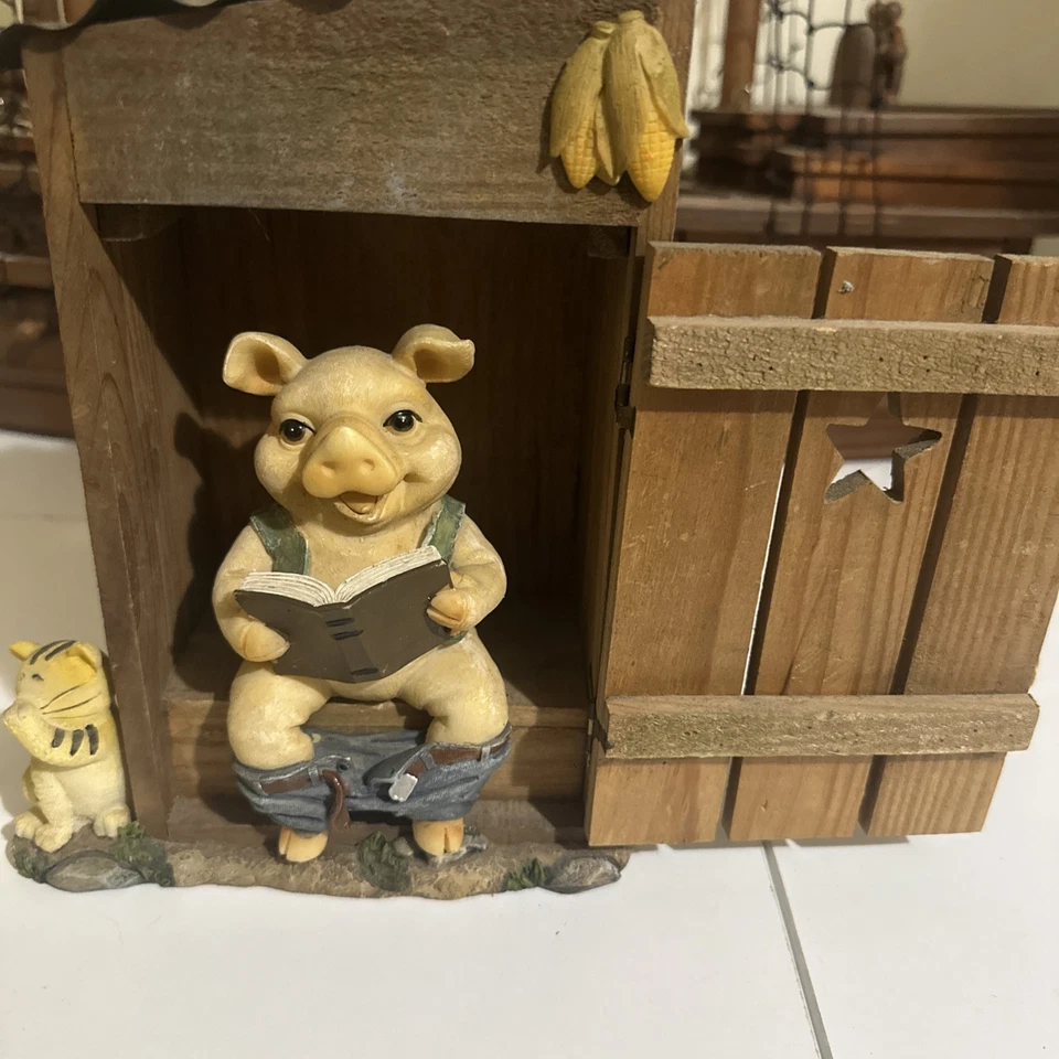 Retro pig on Dunny toilet,wooden stall , ceramic? decor -reading hog pig rustic - image 1 of 4