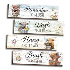 Highland Cow Bathroom Wall Decor - Rustic 4 Piece Signs: Wash Hands, Brush