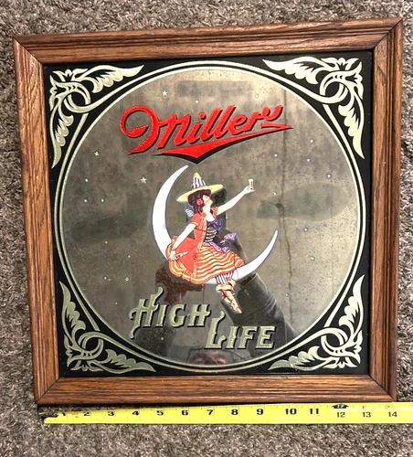 Vintage Miller High Life 1980 Girl On The Moon Beer Mirror Wall Bar Sign 14"x14"