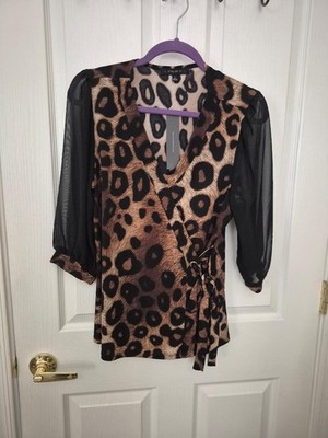 Womens Atelier 29 Faux wrap Leopard Print Knit Top Size Large