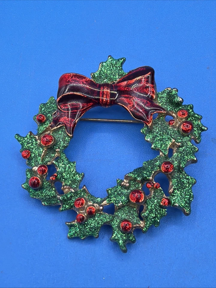 Prendedor de Navidad - Corona Brillo Verde con Lazo Rojo Foto 2 de 4