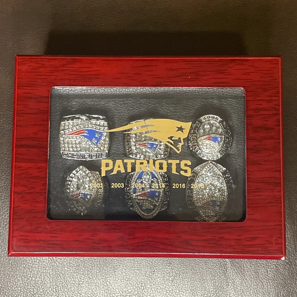 Juego de 6 anillos/estuche de latón macizo del campeonato del Super Bowl de plata de los New England Patriots Foto 2 de 4
