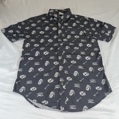 Pyknic Mens Medium Grey Skull Cereal Milk Print Short Sleeve Button Up Shirt