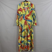 Farm Rio Dress Medium Macaw Leaf Bird Floral Maxi Yellow Eyelet Boho Resort Chic