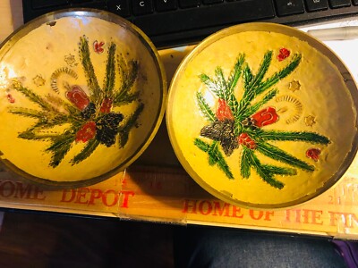 Brass Christmas 2 Red Pine Needle Candle Bowl Holder & 1 Floral Brass  Vase