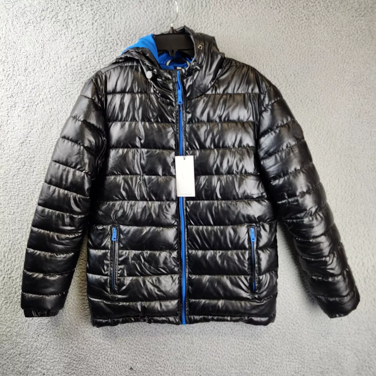 COLE HAAN Signature Faux Leather Full Zip Hooded Puffer Jacket Small Black Blue