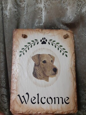 Folk Art Hanging Slate Welcome Sign Fox Terrier Dog Paw Print Cute ...