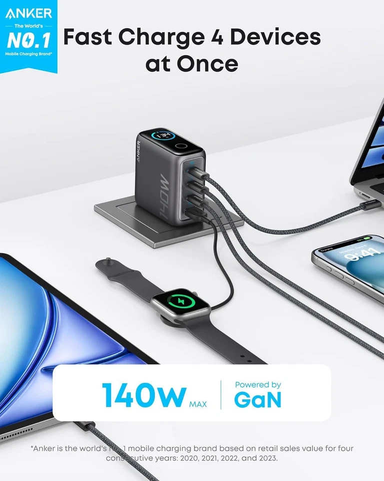 Anker 140W USB-C Charger 4-Port Laptop Advanced GaN Power Adapter for Mac/iPhone - Image 2 of 4