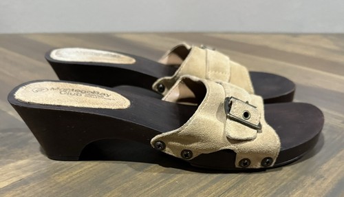 Montego Bay Club Leather Collection Tan Leather Suede Shoes Wooden Sandals Sz 10 - Picture 4 of 9