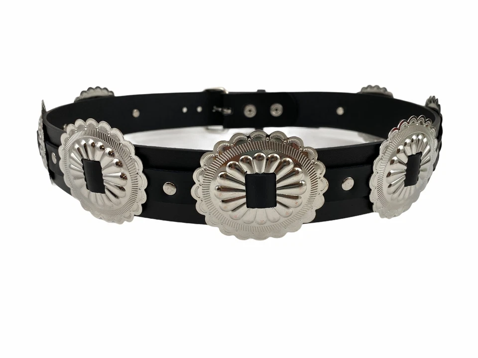 Grande cintura concho vera pelle nera cintura punk gotica rock conchiglia maddelion  - Immagine 2 di 4