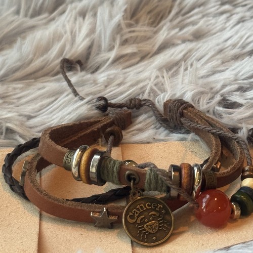 BOHO CANCER Leather 4 Layer Wood Metal Glass bread Bracelet Adjustable Unisex - Picture 2 of 7