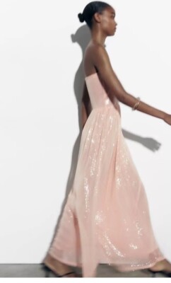 Zara Dress Peach Rose Nude Pink Sequin Maxi M Bandeau UK