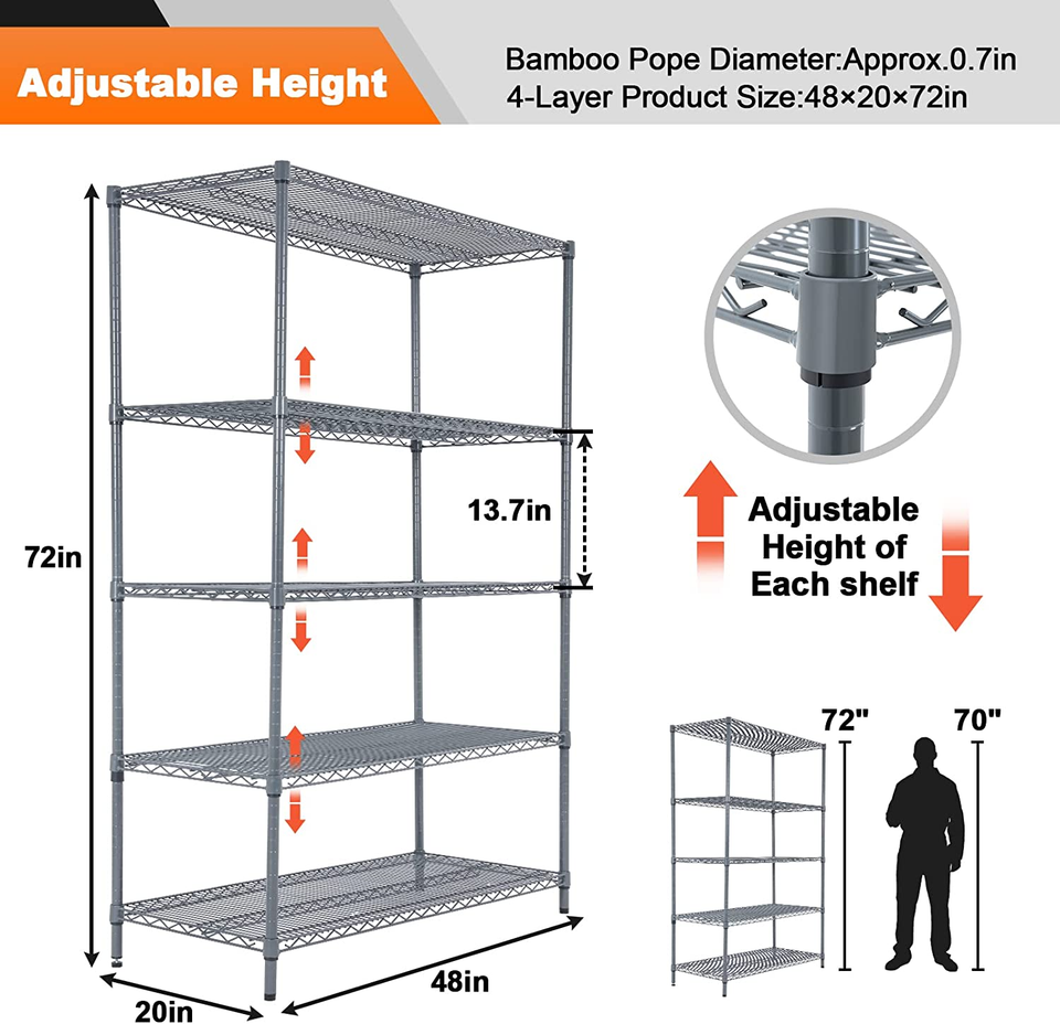 5 Tier Storage Racks and Shelving 48" L X 20" W X 72" H Heavy Steel