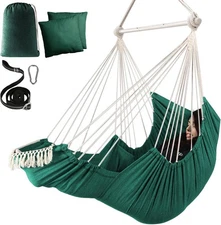 Hammock Chair Hanging Swing Hanging Chair with 2 Cushion & Foot Rest Metal Bar