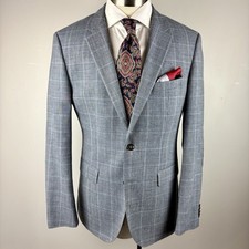 RECENT Hugo Boss Smith11 38R gray blue plaid wool elbow patche sport coat blazer