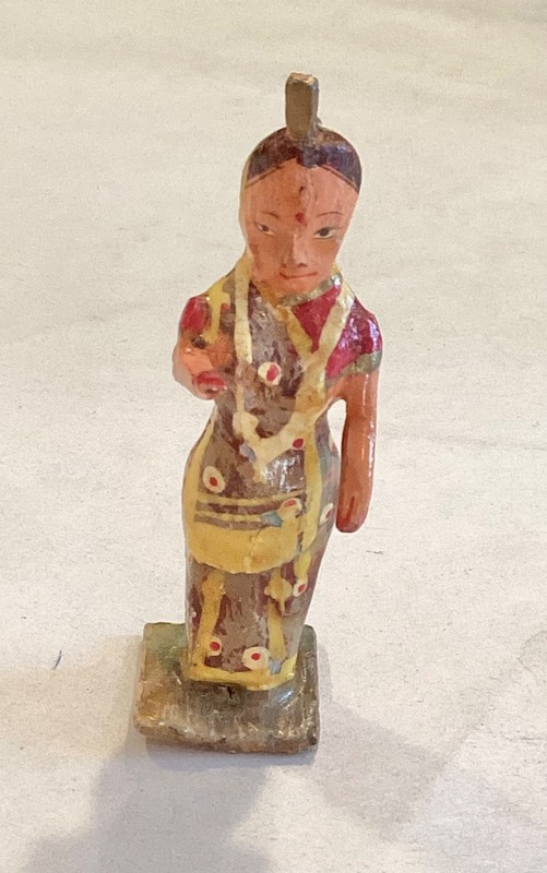 Antique Painted Carved Wood Rajasthan Figure Hindu Woman Goddess India, MINI 3”