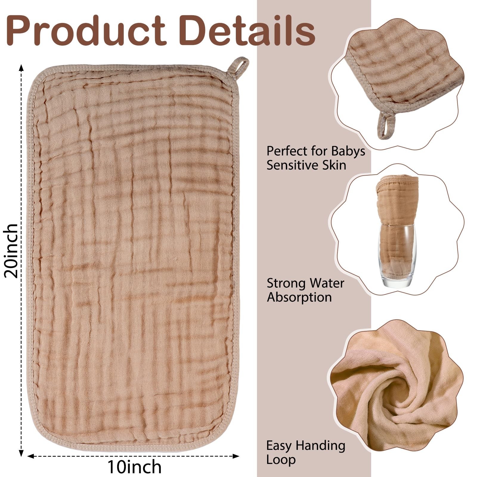 VitalCozy 6 Pcs Baby Muslin Hooded Bath Towels and Washcloths, 32 x 32 Inch