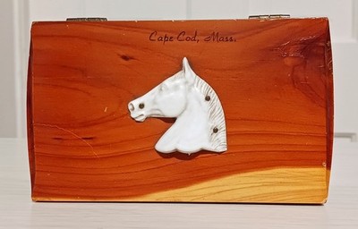 Vintage Cedar Wood Box White Horse Cape Cod Massachusetts Souvenir