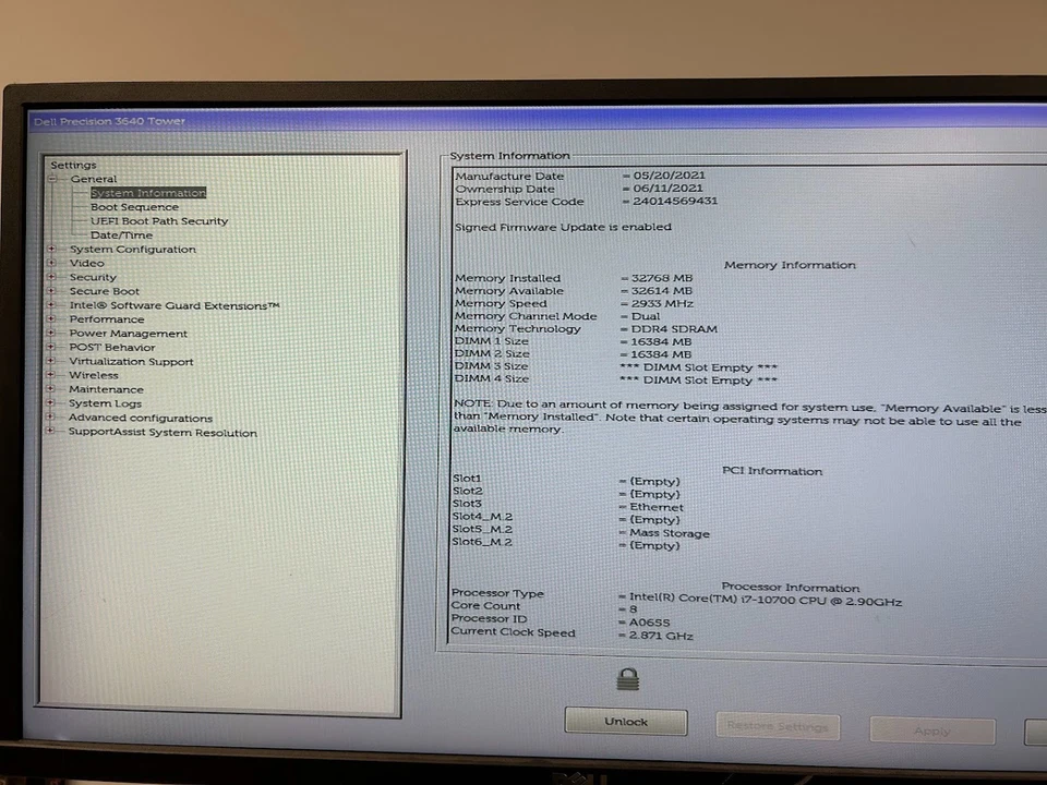 Dell Precision 3640 MT Intel i7-10700, 32GB DDR4 RAM, NO DRIVE/OS, BIOS LOCK #95 - Image 3 of 4