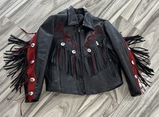 Vtg FIRST Fringed Leather Jacket Women  s 12 Moto Biker Western Made In USA