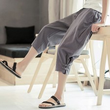 Mens Cropped Cotton Linen Loose Casual Pants Retro Chinese Style M-5XL Beach New