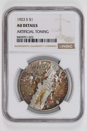 1923-S PEACE DOLLAR NGC AU DETAILS RAINBOW TONING