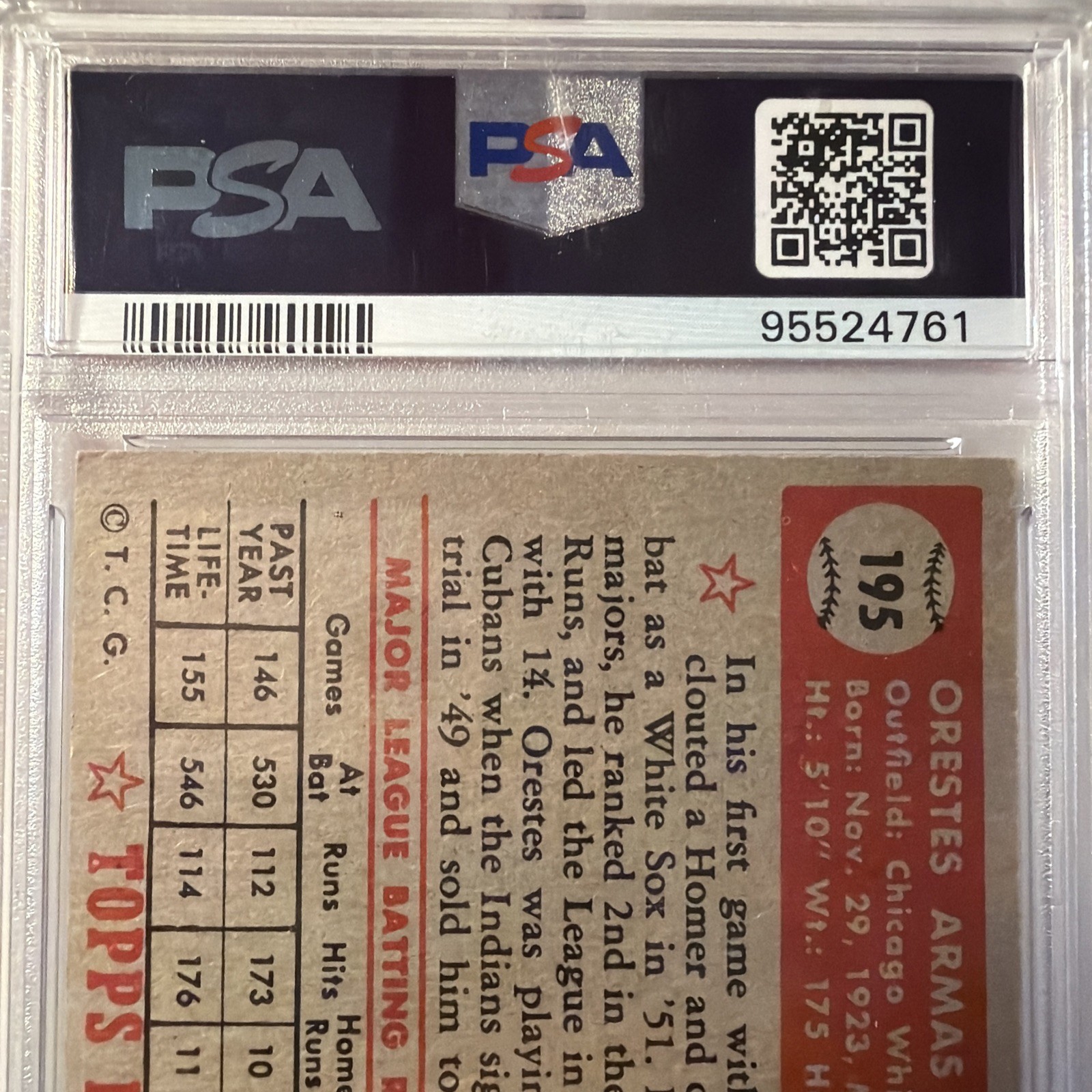 1952 Topps - Minnie (Orestes) Minoso #195 (RC) Rookie! PSA 3 VG White Sox view 4