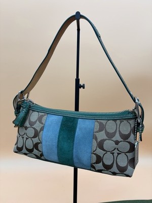 Coach Signature Shoulder Bag Purse Womens Brown Green Blue Suede