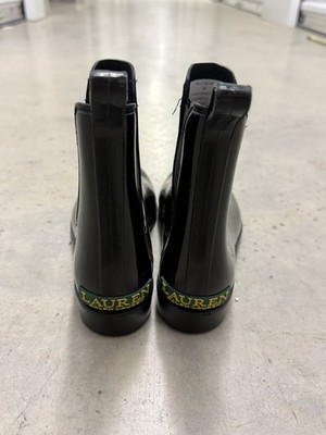 Ralph Lauren Tally Rain Boots Black Patent Leather Chelsea Ankle Booties 6