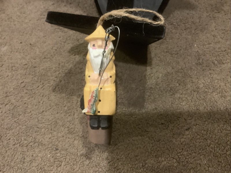 Wooden Christmas Ornament  Santa (or Fisherman) Sitting On Stump With Fish