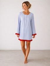 Tory Burch Light Blue White Striped Tunic Beach Coverup Dress with Red Tassel XS