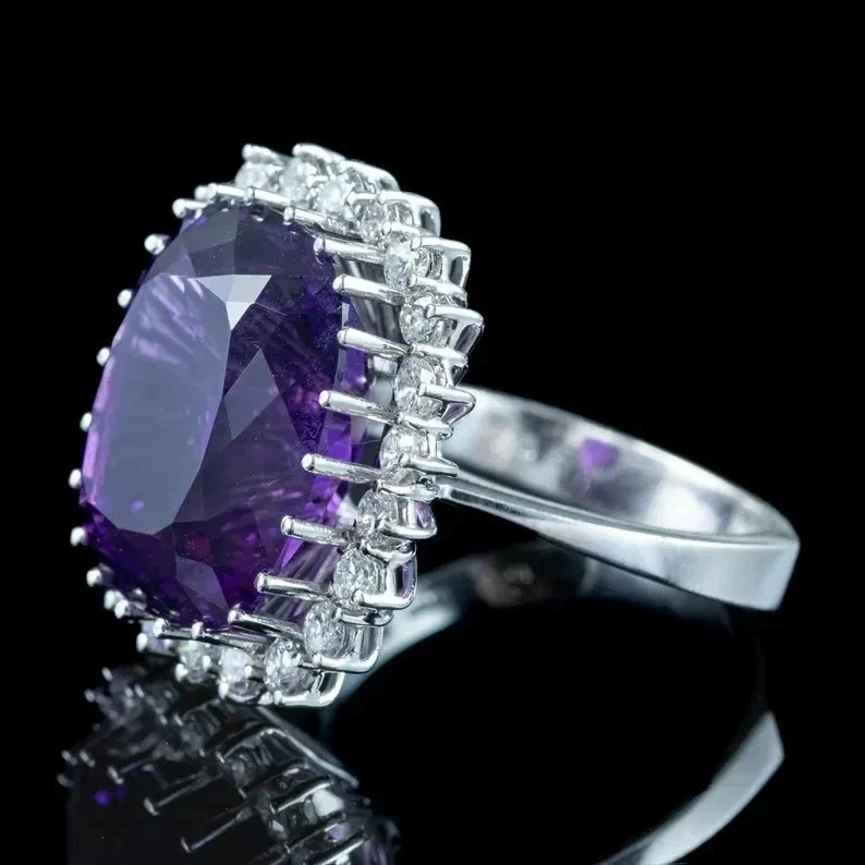 10.80 克拉认证天然紫水晶和钻石美丽戒指 14K 白金 6,7 — 第 2/4 张图片