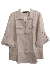 threads saks fifth avenue 100% flax linen oatmeal cargo top roll tab sleeve XL