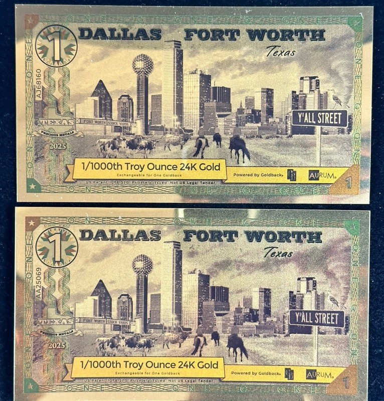 (2) 2025 Dallas Texas 1 Goldback 1/1000 oz 24K Gold Aurum Note BU Limited Issue