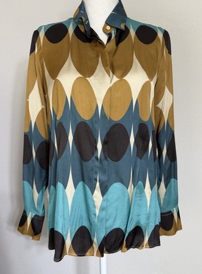 ETERNA RITA Blouse Women s Sz 36 Geometric 70 s Style Turquoise Gold Button Up