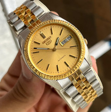 Vintage Seiko 5 Automatic Gold Dial Day-Date Two Tone Jubilee Bracelet Mens Watc