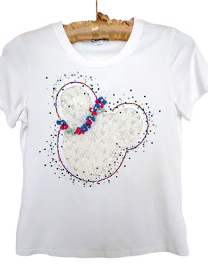 Vintage Iceberg Mickey Mouse Silhouette Inset Lace & Rhinestone Stretch Tee Lg