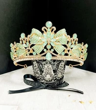 Lime Green Crown, Royal Princess Tiara, Gold Gemstone Crown, Quinceanera Tiara