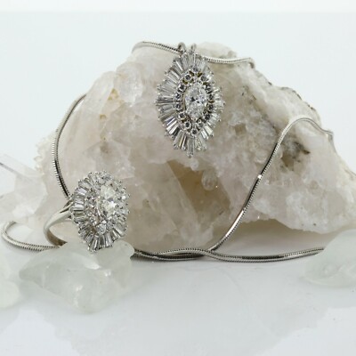 11 ct Matching Marquise Design Diamond Ring & Necklace 18K White Gold Circa 1970