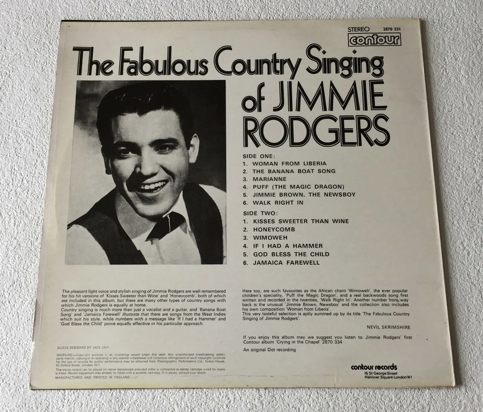 JIMMIE RODGERS~THE FABULOUS COUNTRY SINGING OF~1973 UK 12-TRACK VINYL LP REISSUE - Image 2 of 4
