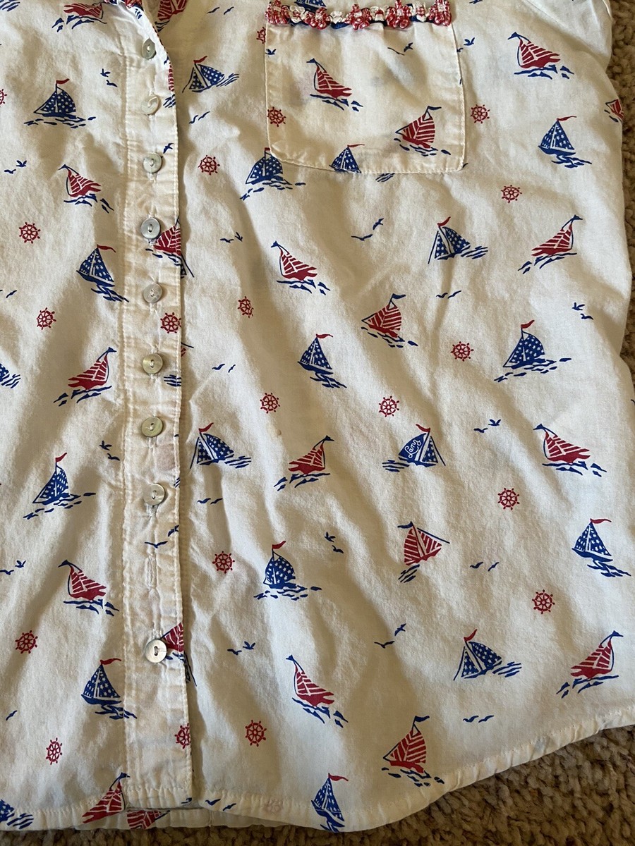 Lanz Of Salzburg Nautical Blouse Size S Sail Boats Red White Blue Maritime View 4