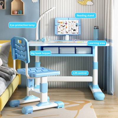 Height Adjustable Kids Study Desk Chair Set & Extra Large Drawer、Reading Stand 