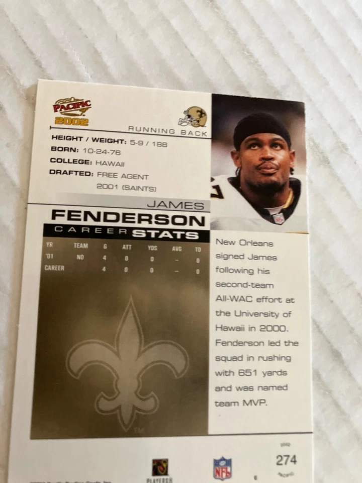 NEW ORLEANS SAINTS Hawaii James fenderson 2002 pacific football card see scan - Image 2 of 2
